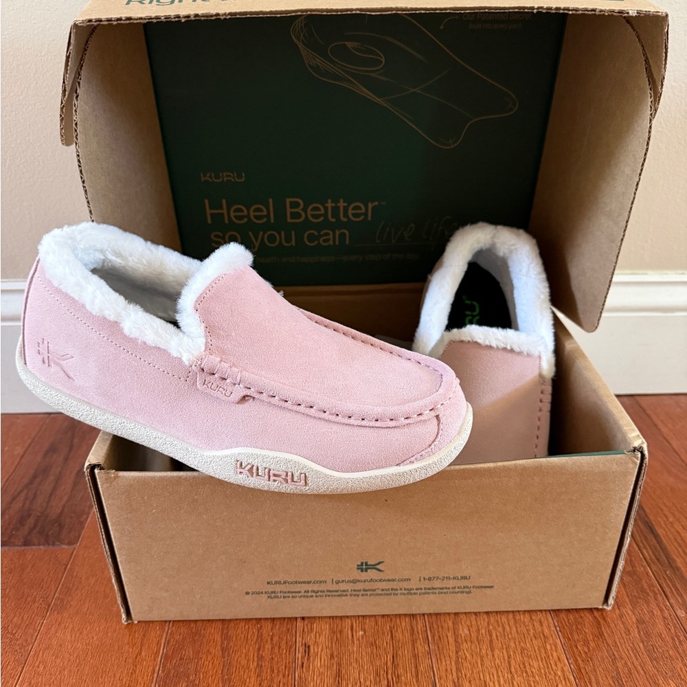 KURU Loft: Pink Suede Moccasin Slippers with White Faux Fur